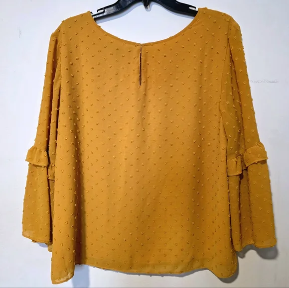 ​Banana Republic Mustard Yellow Swiss Dot Bell Sleeve Top | Size Large | - Picture 3 of 10